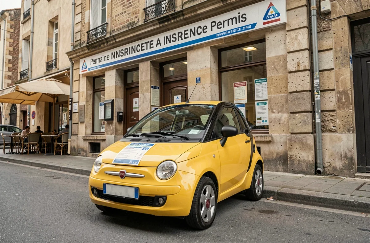 Voiture sans permis garée devant une agence d'assurance en centre-ville avec une brochure de tarifs posée sur le capot