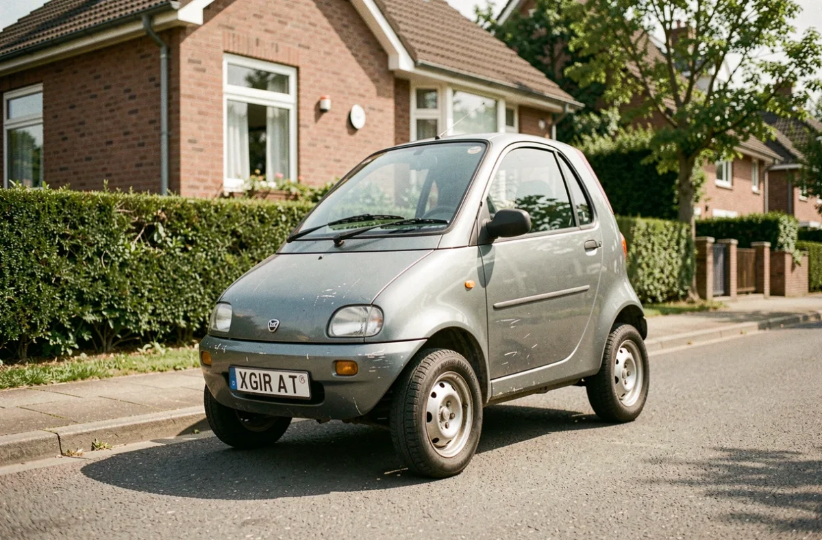 Voiture sans permis d'occasion grise garée dans une rue pavillonnaire, carrosserie légèrement usée révélant son rapport qualité-prix