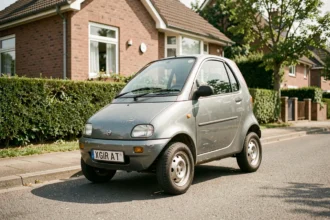 Voiture sans permis d'occasion grise garée dans une rue pavillonnaire, carrosserie légèrement usée révélant son rapport qualité-prix