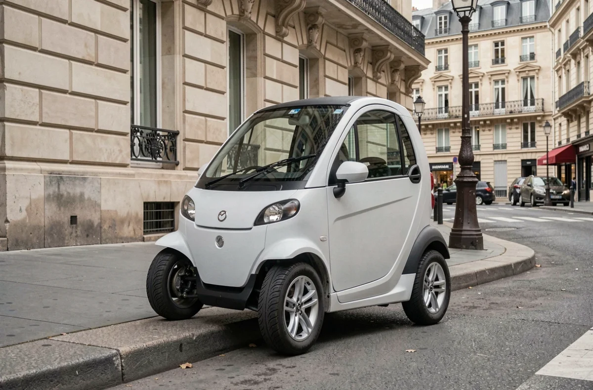 Voiture sans permis électrique blanche garée sur un trottoir parisien devant un immeuble haussmannien