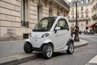 Voiture sans permis électrique blanche garée sur un trottoir parisien devant un immeuble haussmannien