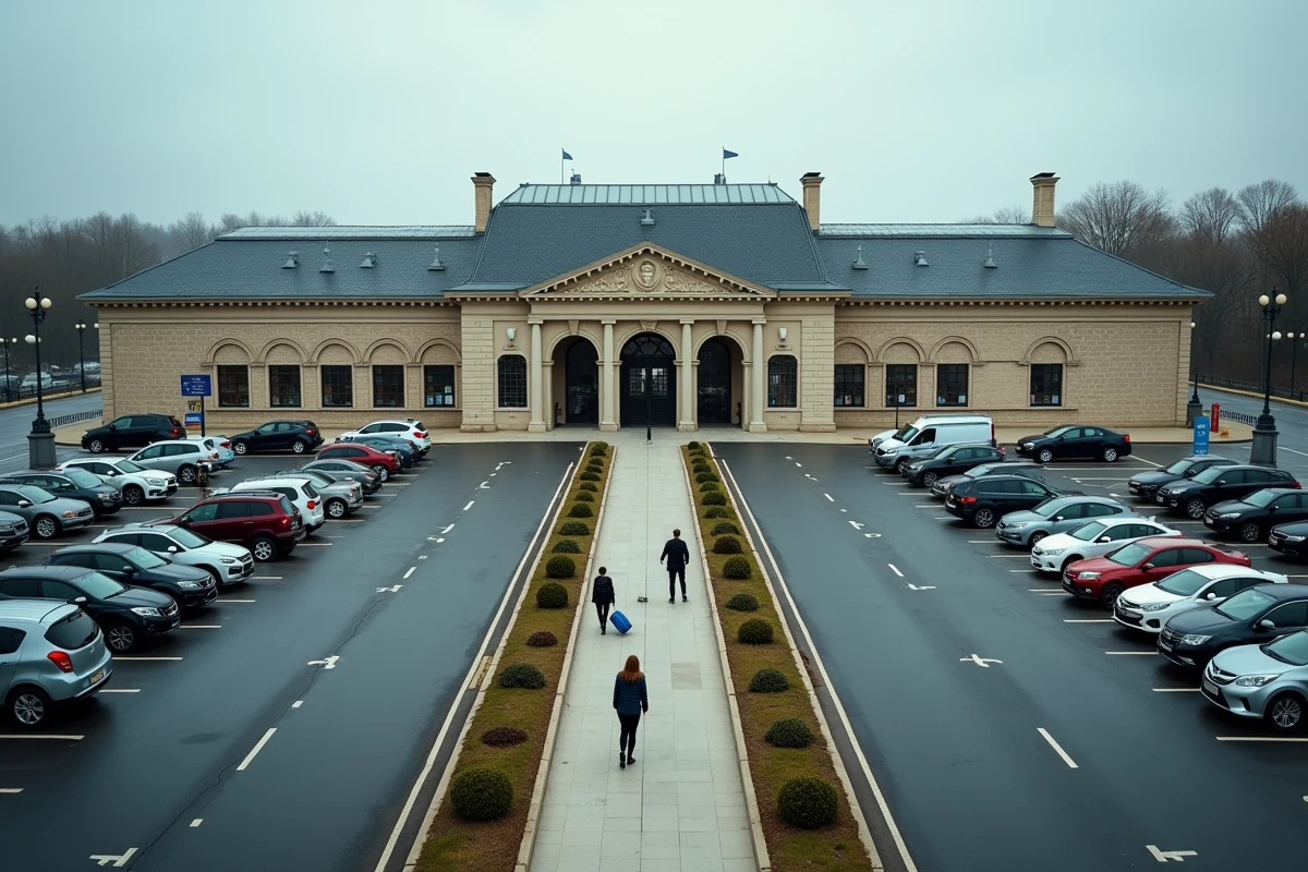 Vue aérienne du parking extérieur de la gare de Valence avec voyageurs et façade de la gare