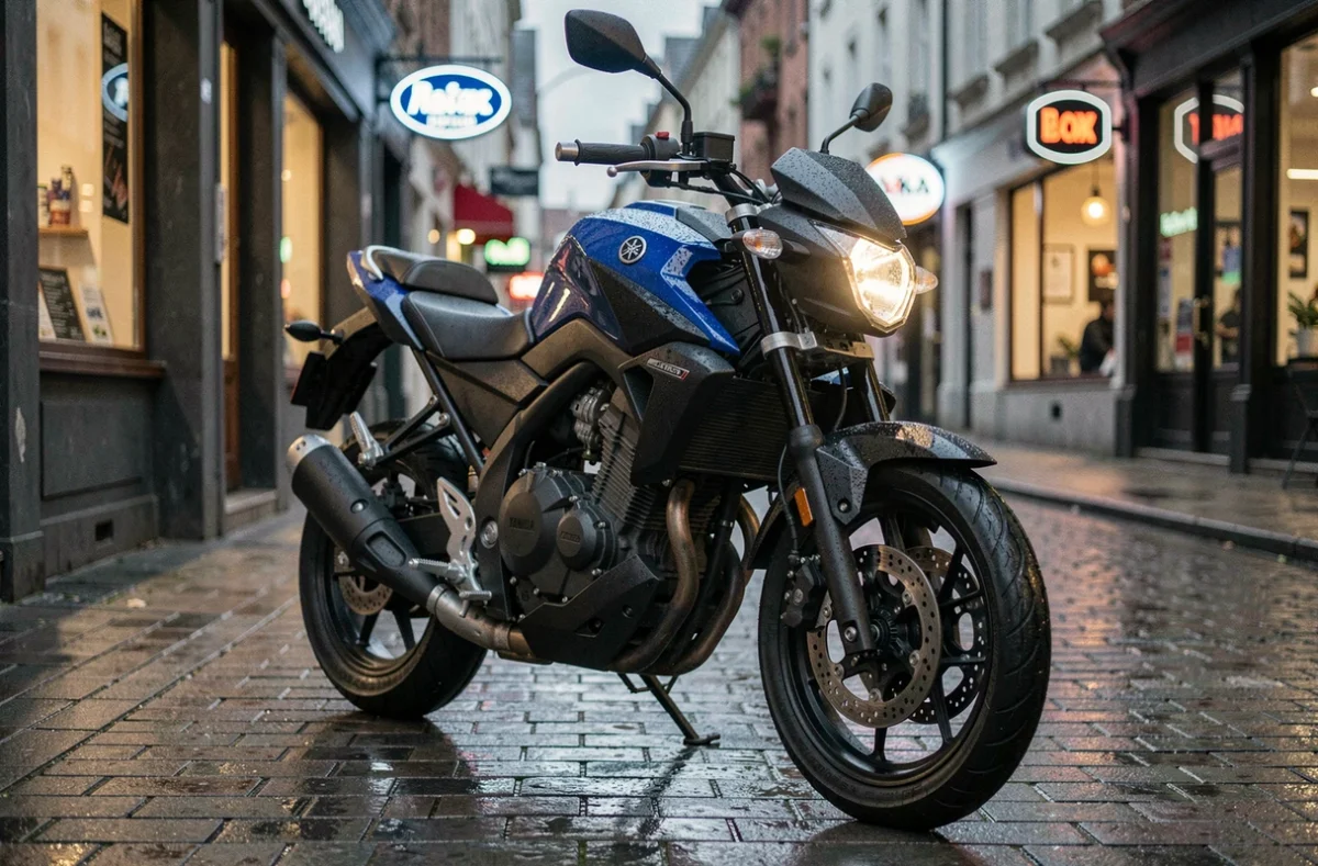 Yamaha MT-125 garée dans une rue urbaine humide, vue 3/4 avant mettant en valeur son design naked agressif et ses détails techniques